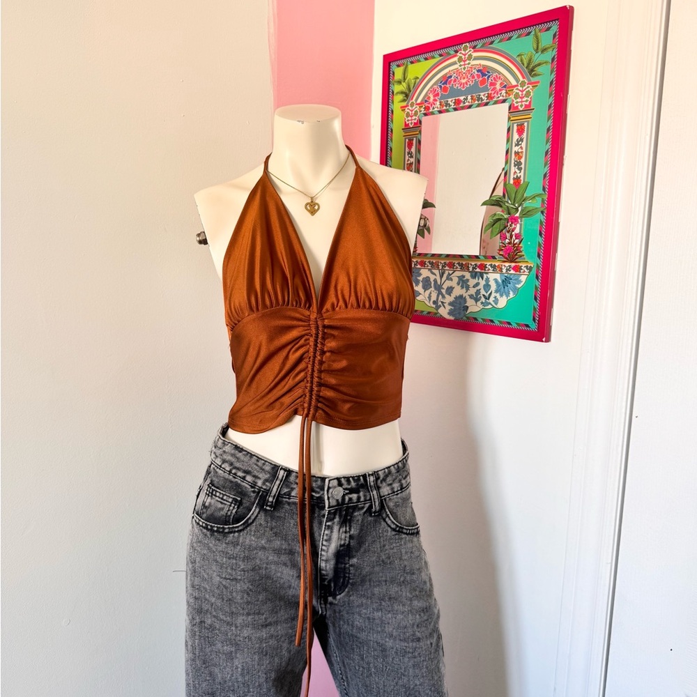 Attirance Bronze Ruched Tie-Up Halter Crop Top